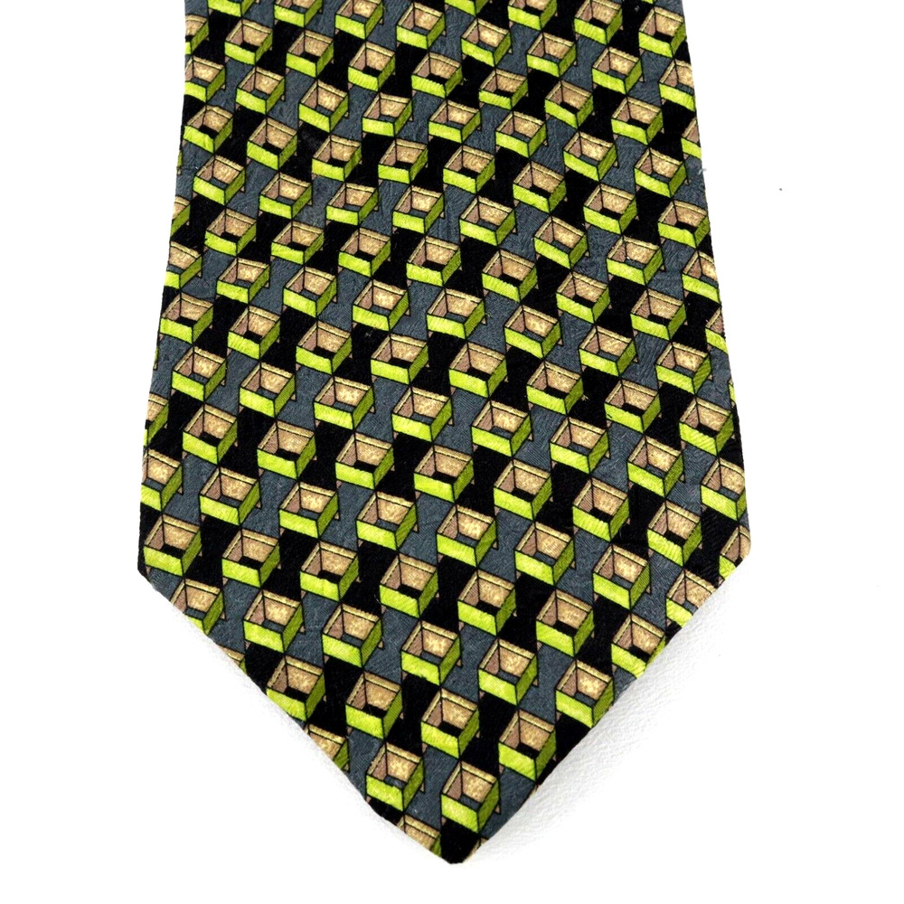 Ermenegildo Zegna Tie Mens 60 in Silk Green Multicolor Geometric 3 Dimensional